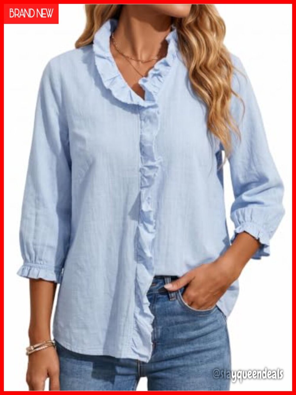 Women's 100% Cotton Blouse Ruffle Trim 3/4 Sleeve Casual Work Top